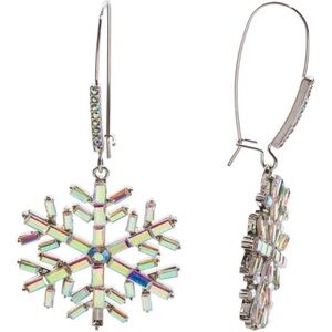 Betsey Johnson Silver Tone Snowflake Dangle Earrings Crystal Christmas Winter